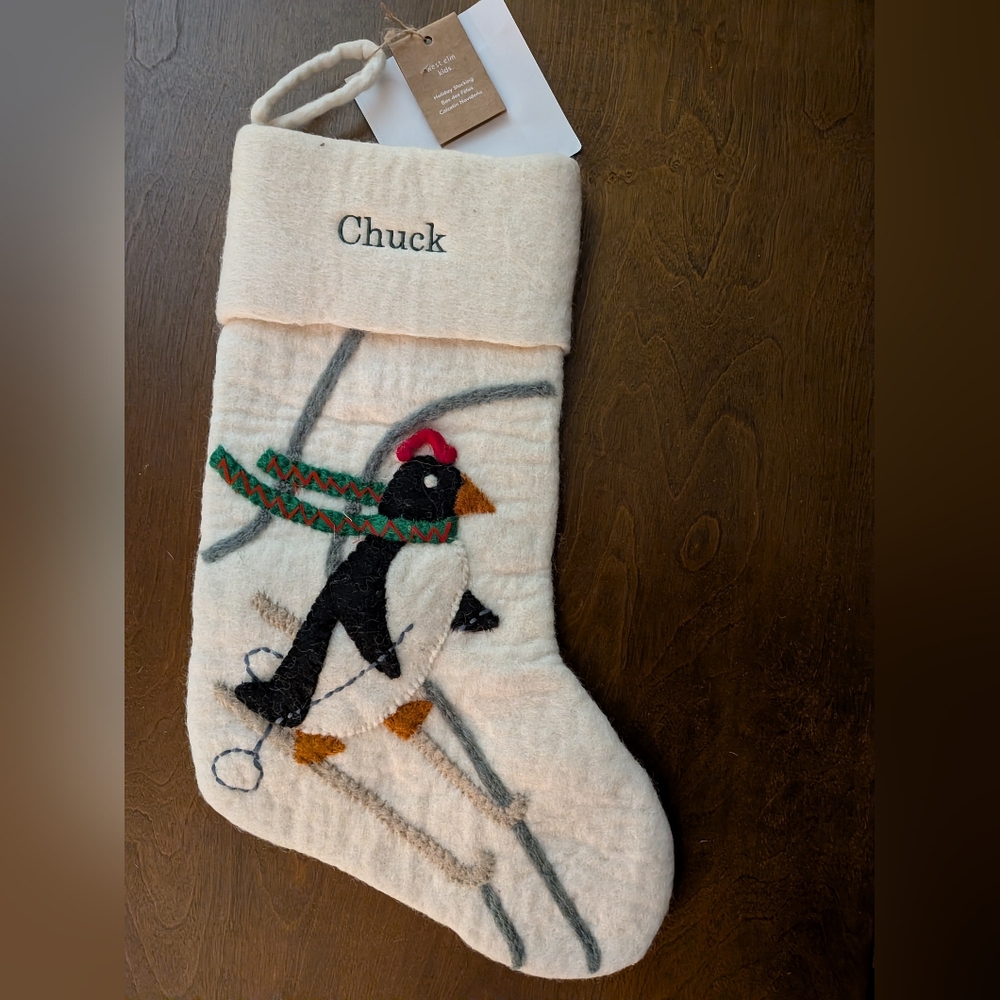 Cream Holiday Stocking with Penguin Ski, NWT